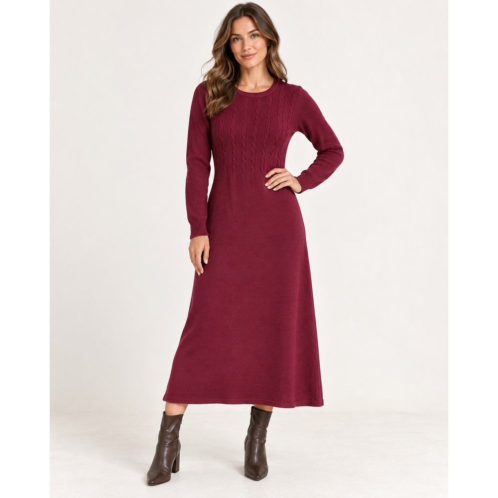 Vintage Womens Cable Knit Midi Sweater Dress L Burgundy Dark Academia Fall